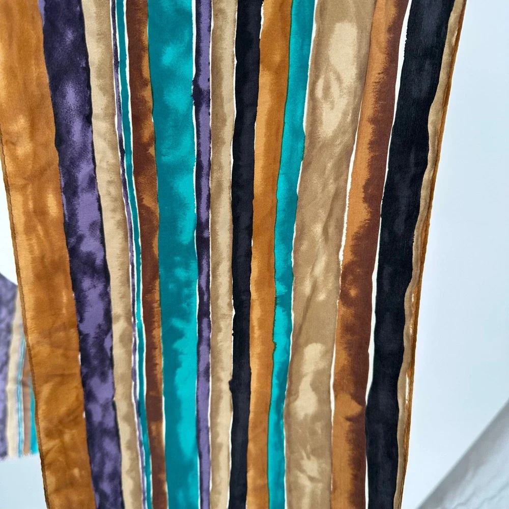 Vintage New STU Silk Fringe Scarf Wrap Stole Gold Teal Stripes 42 x 10